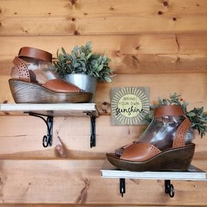 Sotto Sopra 💜 Brown Leather Wood Platform Wedge Heel Sandals Perferated Italy 6